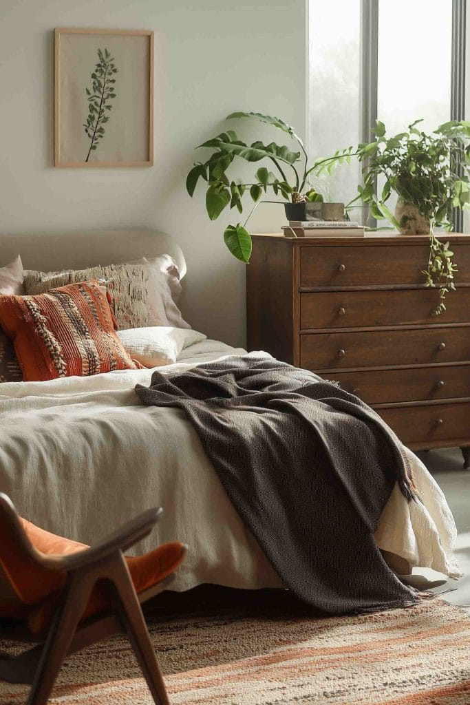 A stylish bedroom with a combination of mid-century modern and boho elements. The bed features a thick, patterned throw in warm, earthy tones, while a dark, plush armchair sits nearby. A wooden dresser holds plants and books, contributing to the room's eclectic yet harmonious design. The neutral palette and mix of textures create a cozy and inviting atmosphere.