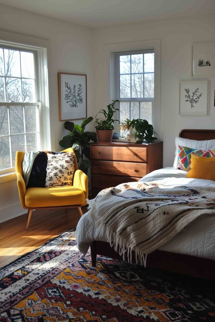 A cozy bedroom with a mid-century modern vibe. A mustard-yellow armchair sits by a window, accented with patterned throw pillows. A wooden dresser holds a collection of plants, adding a touch of nature to the space. The bed features a fringed blanket and colorful pillows, and the room is filled with natural light.