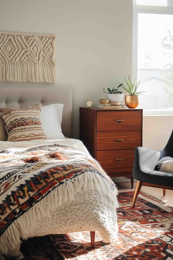 A bright and colorful bedroom with a combination of earthy and vibrant tones. The bed is layered with chunky knit blankets and patterned pillows, while a mix of potted plants adds a fresh touch. Sunlight streams through a large window, and a wicker chair with a vibrant pillow sits nearby. The wooden dresser and eclectic decor combine to create a cozy, bohemian feel.