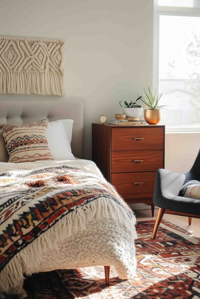 A warm, modern bedroom with a blend of textures and patterns. A tufted bed with white linens and a geometric-patterned blanket sits beside a wooden dresser topped with succulents. The room is decorated with a woven wall hanging and a dark mid-century style armchair. The neutral tones are complemented by earthy, patterned accents throughout the space.