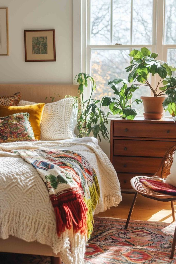 A moody, globally-inspired bedroom featuring a low bed draped in richly patterned, bohemian linens. Above the bed hangs a large, ornate tapestry in deep earth tones, adding texture to the space. A dark wooden dresser and soft lighting enhance the room's cozy, atmospheric feel, with natural elements like plants providing balance and softness.