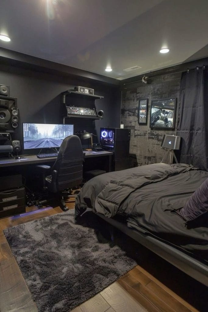 A modern teen boy’s space with black decor and a high-tech gaming setup including multiple monitors and speakers.