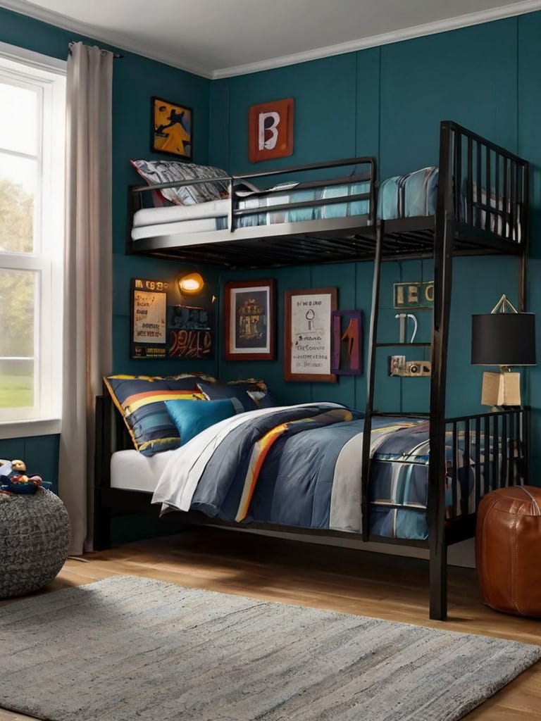 A teen boy’s space with colorful bunk beds, teal walls, and playful decor elements.