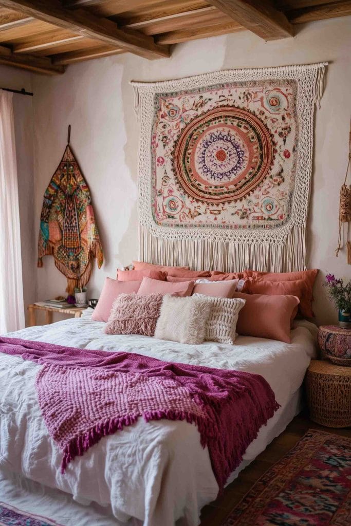 A bohemian room with a vibrant textile wall hanging, pink pillows, and a cozy throw blanket.