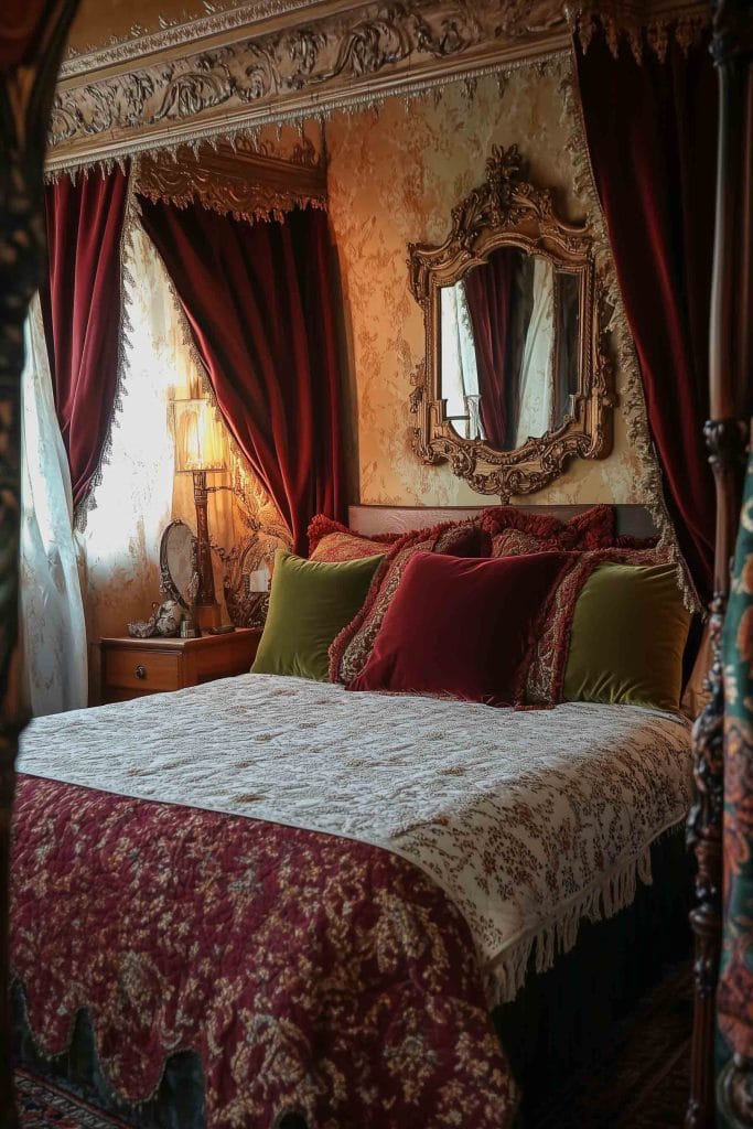 A room with velvet pillows, deep red curtains, and vintage-inspired decor.