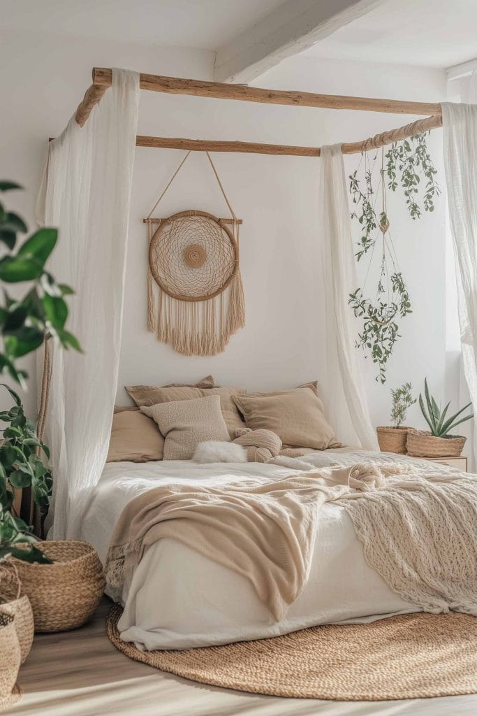 A room with a canopy bed, rustic dreamcatcher, and earthy-toned bedding.