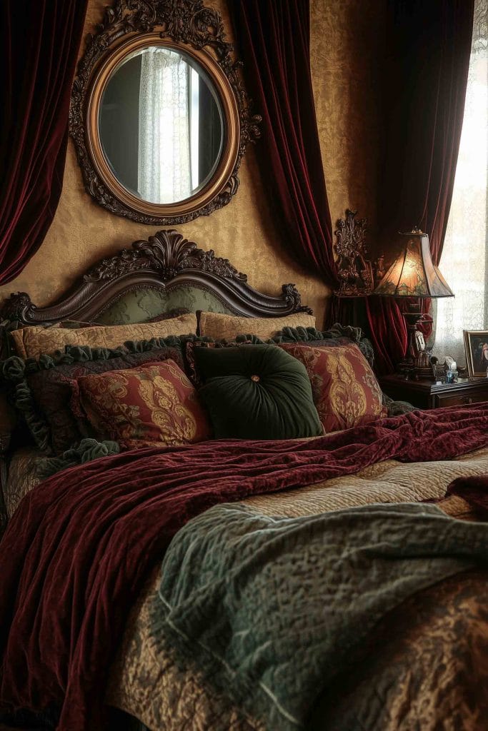 A room with velvet pillows, deep red curtains, and a detailed headboard.