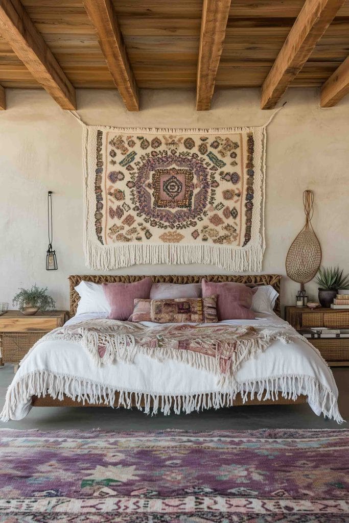 A room with a woven wall hanging, pastel pillows, and a rustic wooden ceiling.