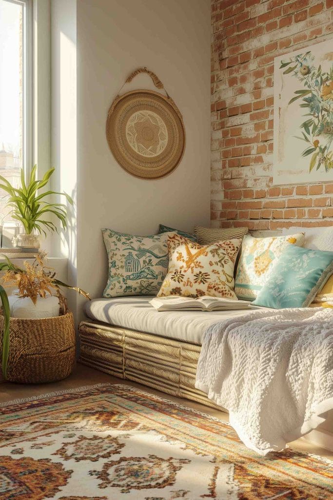 A room with a daybed, textured pillows, and an exposed brick wall.