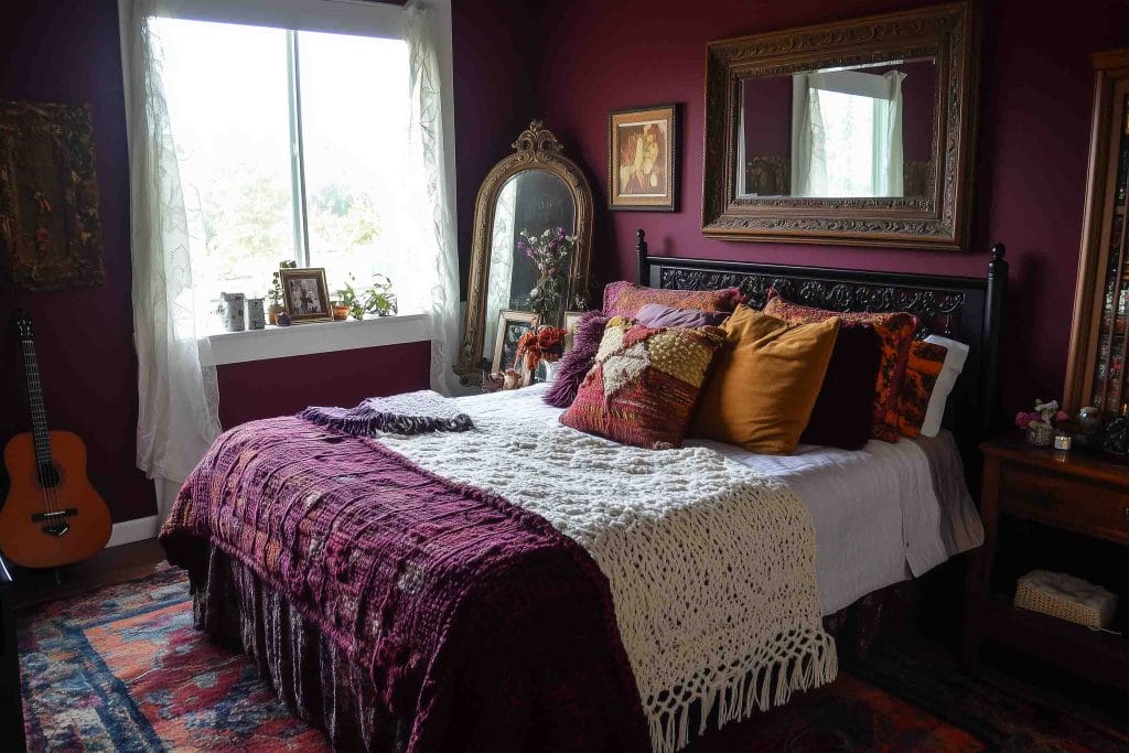 A room with deep purple walls, eclectic decor, and a vintage mirror.