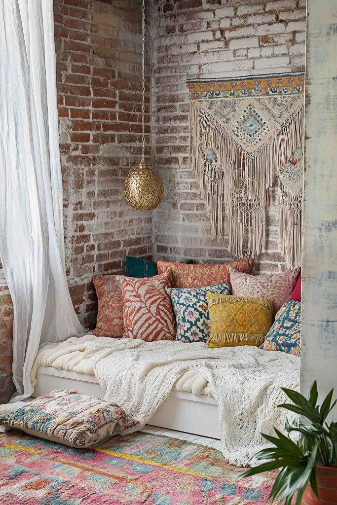 A cozy corner with colorful pillows, macrame wall hanging, and a golden hanging light against a brick wall.