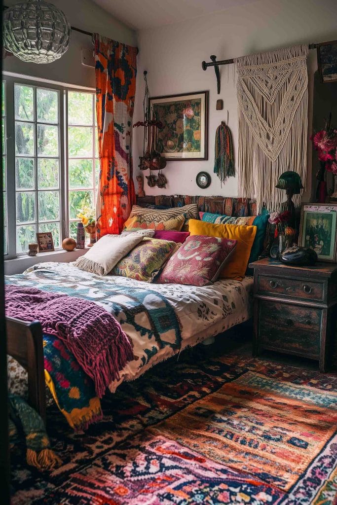 A room with bold colors, layered rugs, and eclectic wall decor, including a macrame hanging.