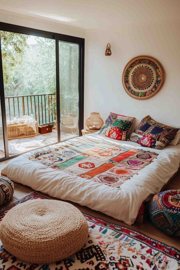 A room with a colorful quilt, patterned pillows, and a large window offering an outdoor view.