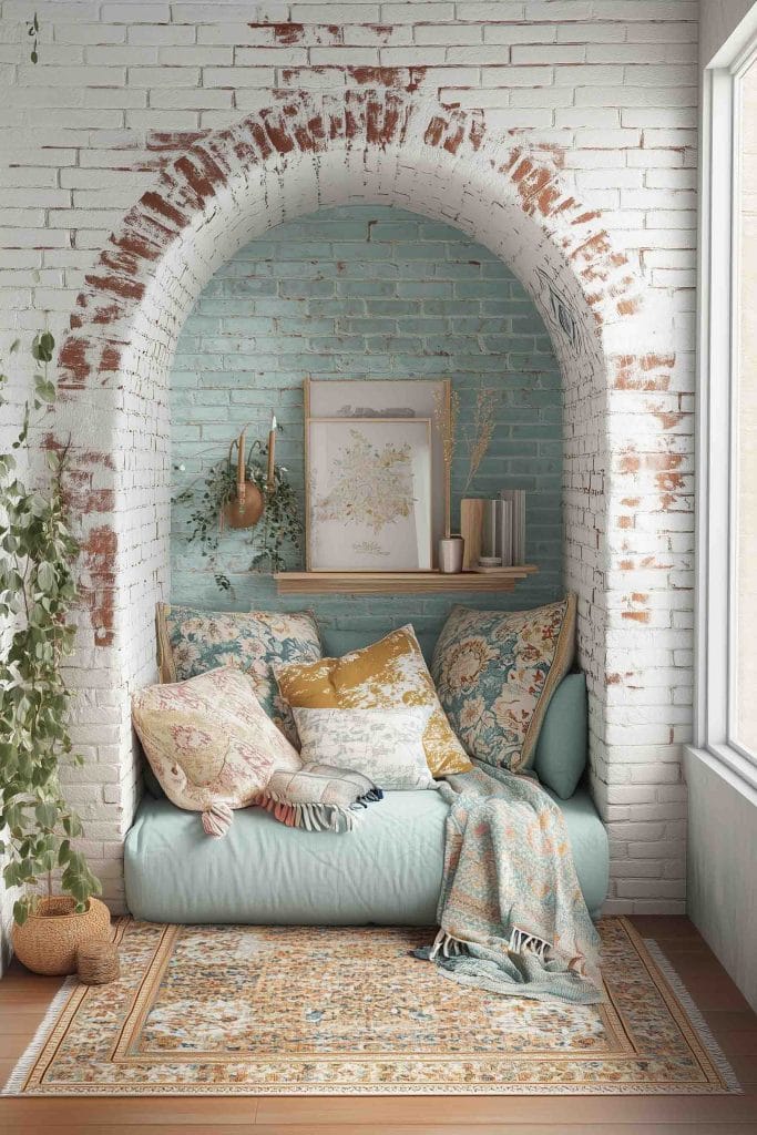 A serene alcove with soft, patterned pillows, a light blue brick wall, and natural lighting.