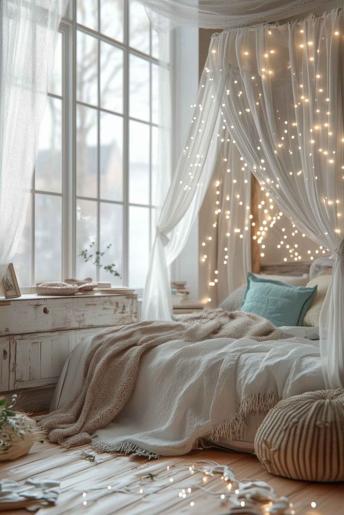 A bohemian room with a canopy bed draped in white curtains and fairy lights.