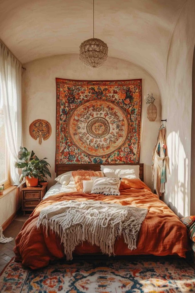 A room with warm-toned bedding, an intricate wall hanging, and a detailed rug.