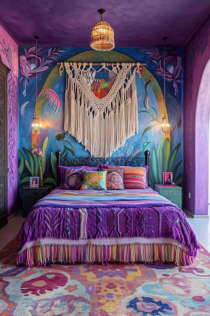 A room with a colorful mural, macrame wall hanging, and vibrant textiles on the bed and rug.