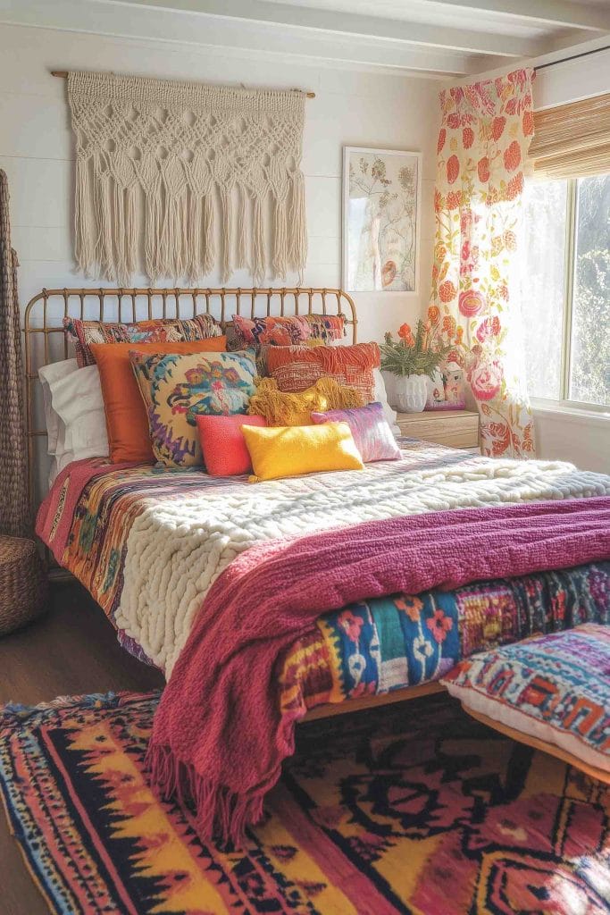 A room with bright floral accents, macrame wall hanging, and cozy bedding.