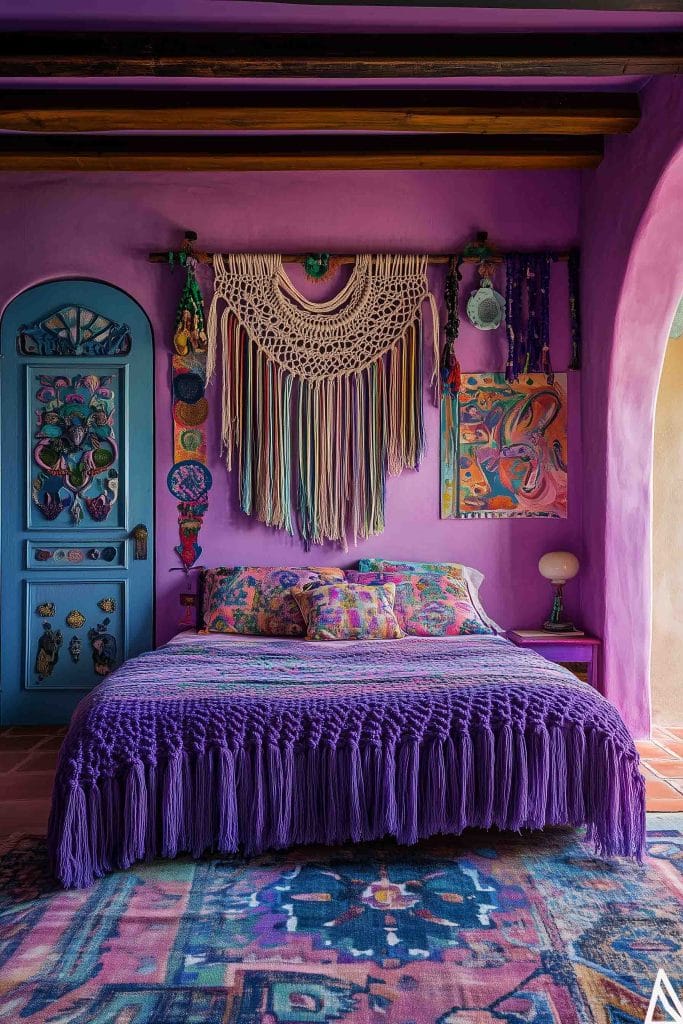 A room with rich purple tones, macrame wall hanging, and colorful bedding.