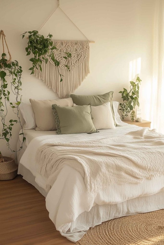 A room with soft neutral tones, greenery, and a macrame wall hanging.