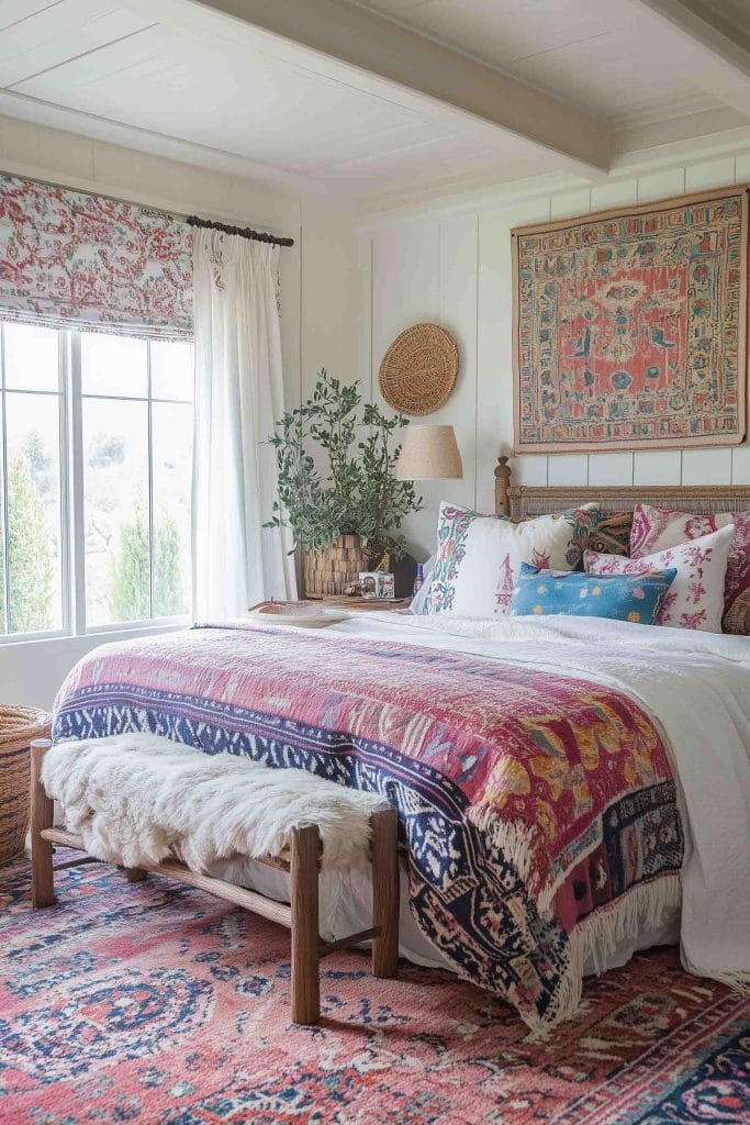 A room with patterned textiles, colorful pillows, and a rustic wall hanging.