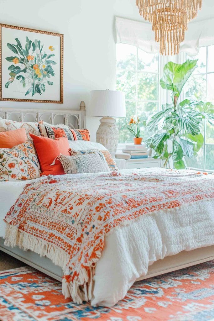 Bright and cozy room with orange and white textiles, green plant, and macrame chandelier.