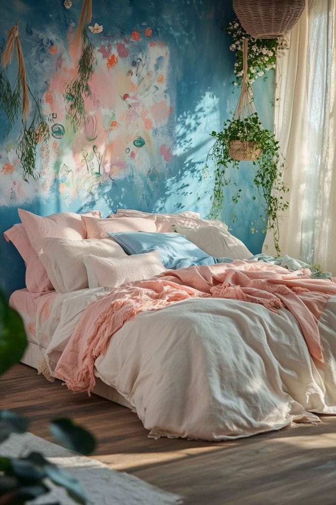 Soft pastel room with blue and pink wall mural, cozy bedding, and hanging plants.