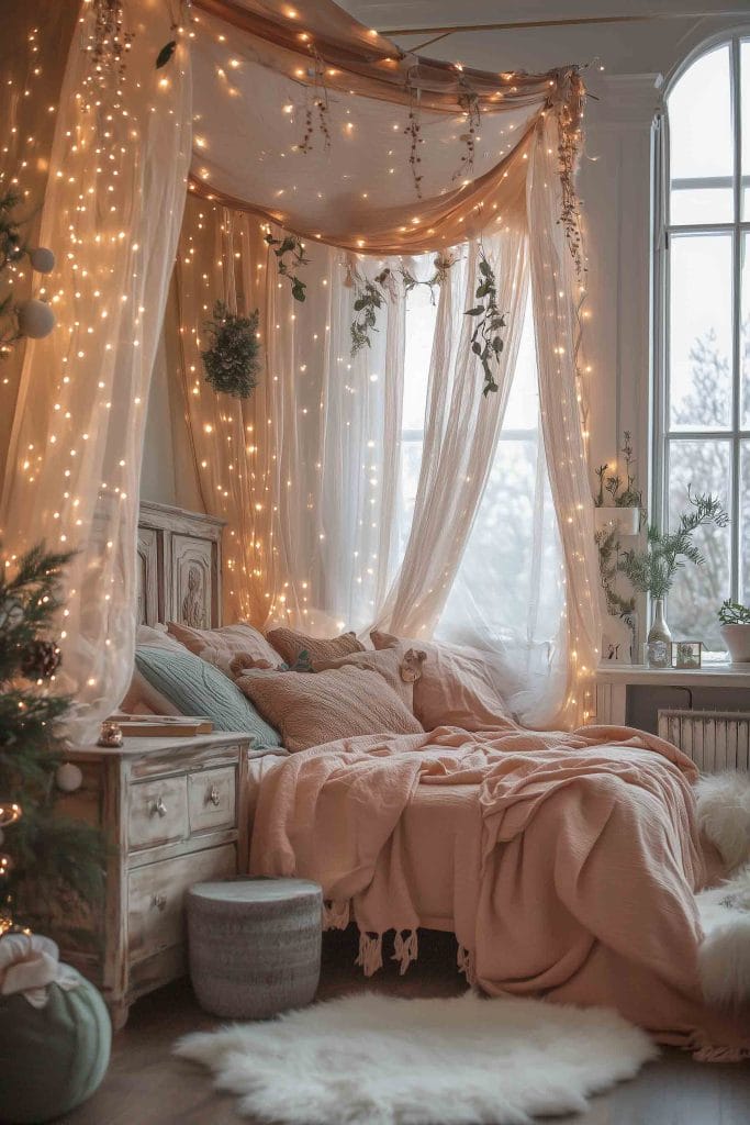 Room with twinkling fairy lights, soft pink and beige bedding under a canopy.