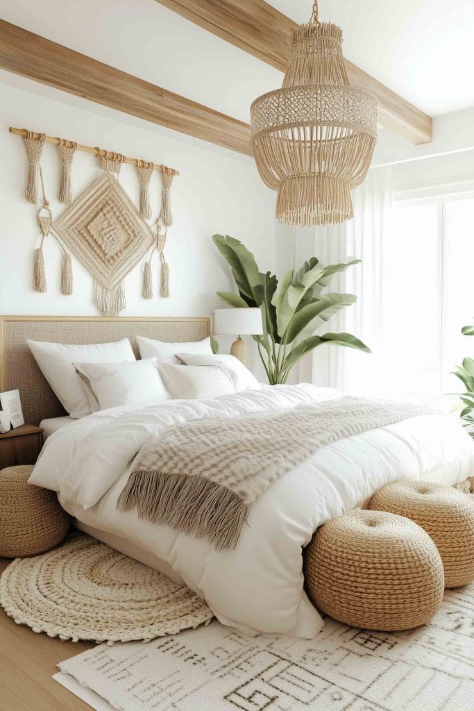 A bohemian room with neutral tones, woven wall art, and a textured chandelier.