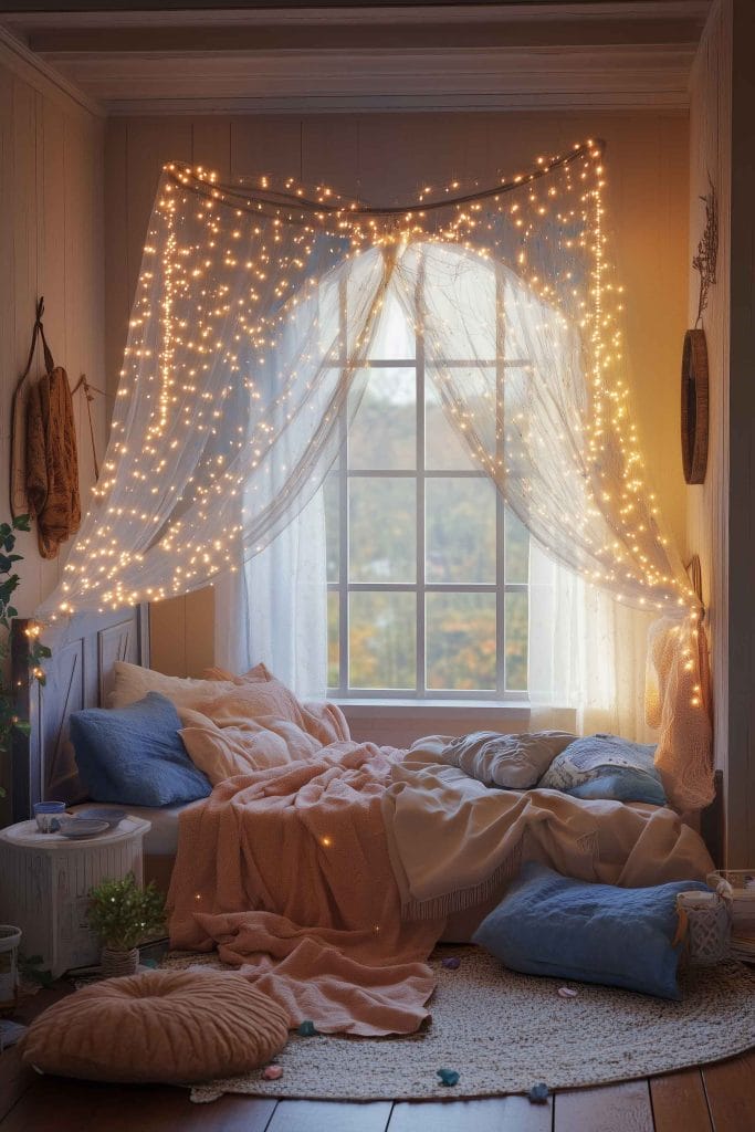 Cozy nook with string lights, sheer curtains, soft bedding, and floor cushions.