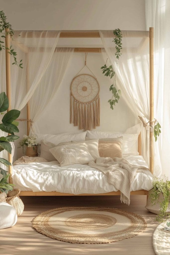 A cozy canopy bed with soft white linens, greenery, and a dreamcatcher in a bright and airy room.