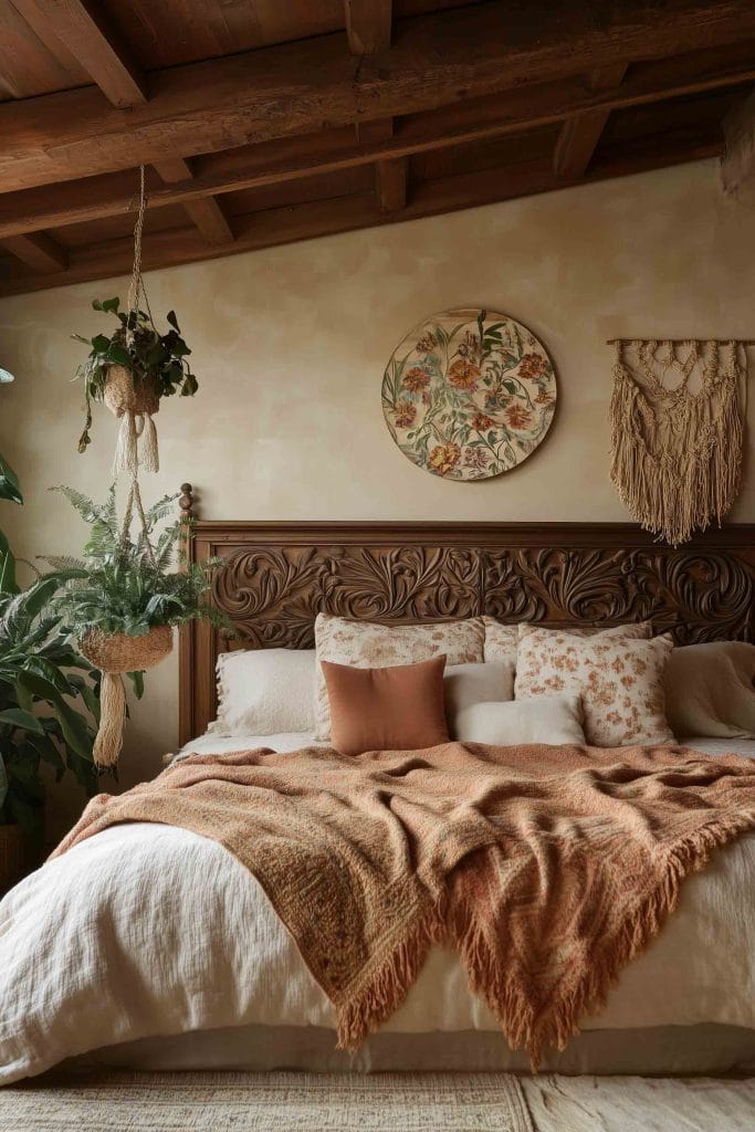 A warm and inviting room with wooden details, textured pillows, and a hanging plant, creating a cozy and earthy vibe.