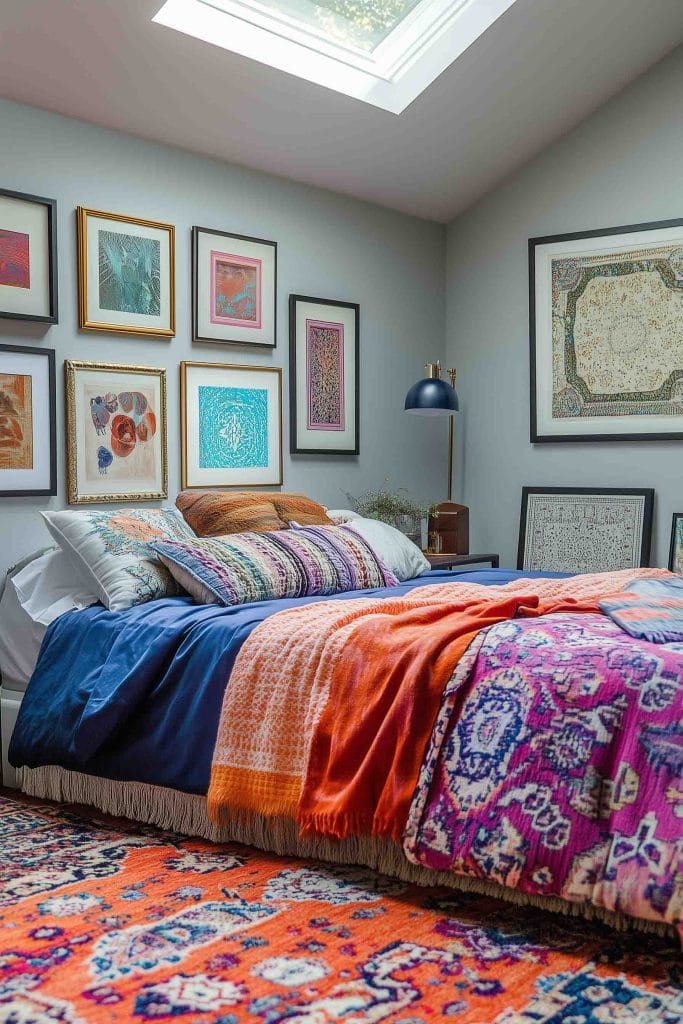 A lively room with colorful bedding, a gallery wall of framed artwork, and bold patterns throughout.