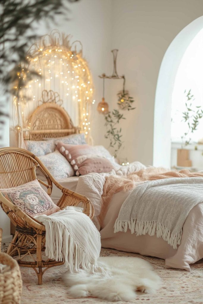 A cozy bed with soft pastel bedding and fairy lights adorning the headboard, creating a whimsical and magical atmosphere.