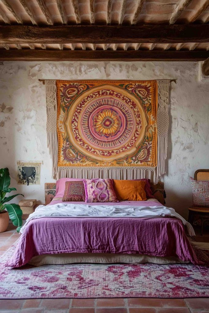 A rustic room with a vibrant tapestry above the bed, featuring earthy tones and textured bedding for a warm, inviting ambiance.