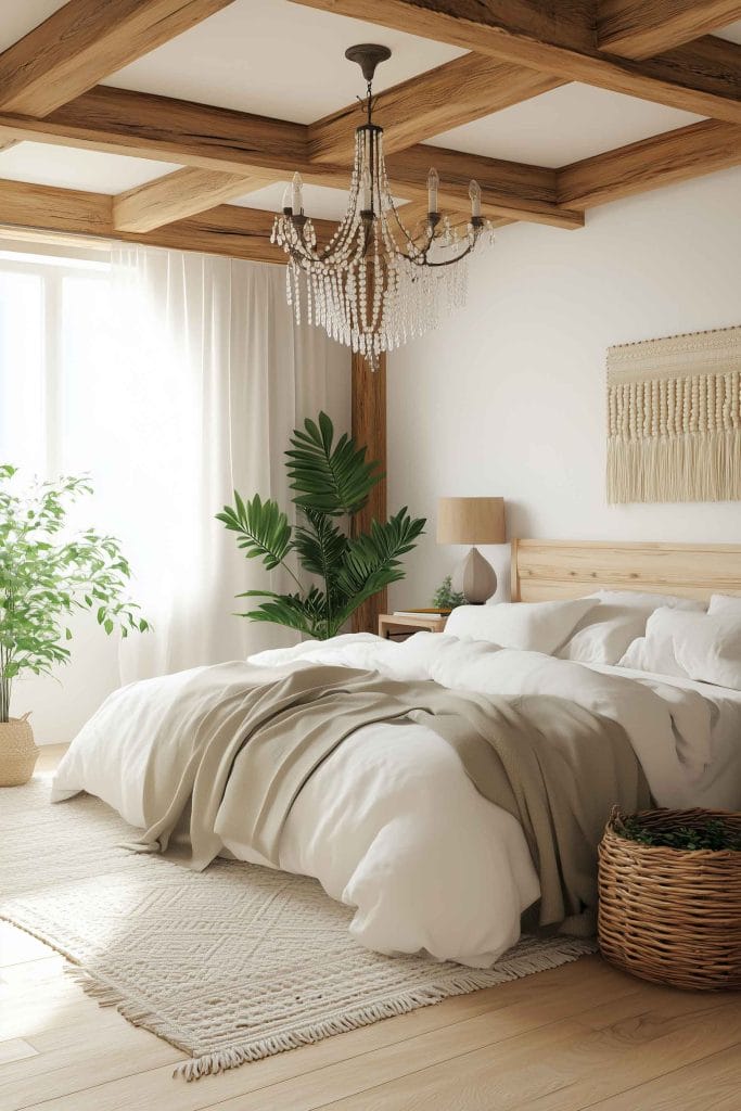 White canopy bed with soft flowing fabric, fairy lights, and light wood accents in a serene setting.