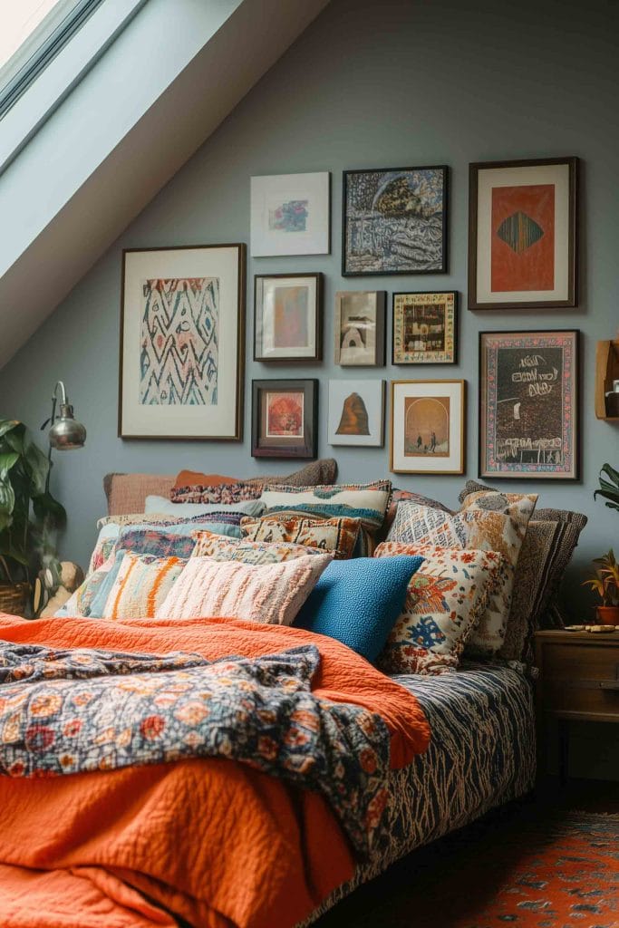 Bedroom with wooden headboard, floral wall art, hanging plants, and cozy earthy-toned throws.