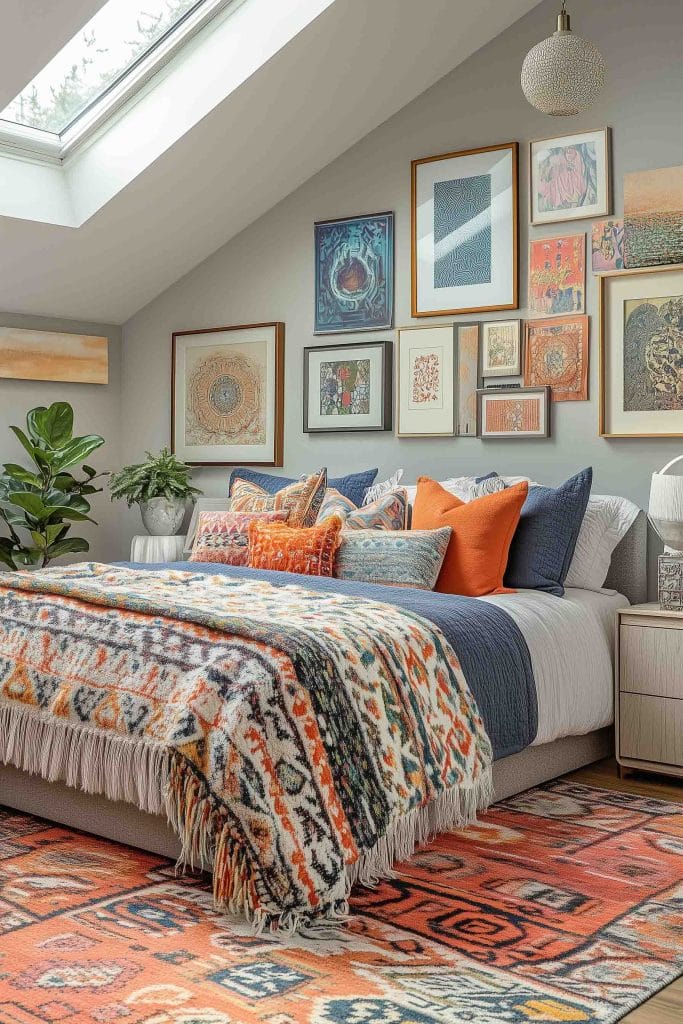 Eclectic bedroom with a gallery wall of colorful art and a bed covered in vibrant patterned textiles.