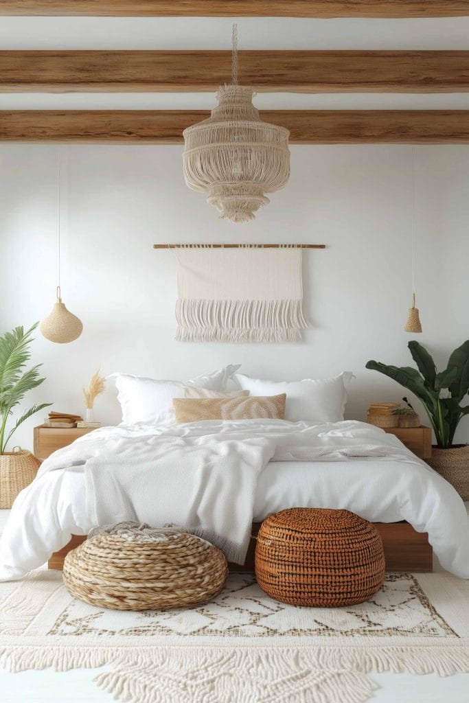 Neutral-toned bedroom with white bedding, light wood furniture, and woven accents for a serene atmosphere.