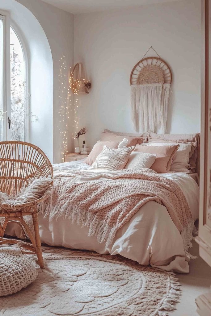 A bohemian room with blush pink bedding, a woven chair, and a macrame wall hanging.