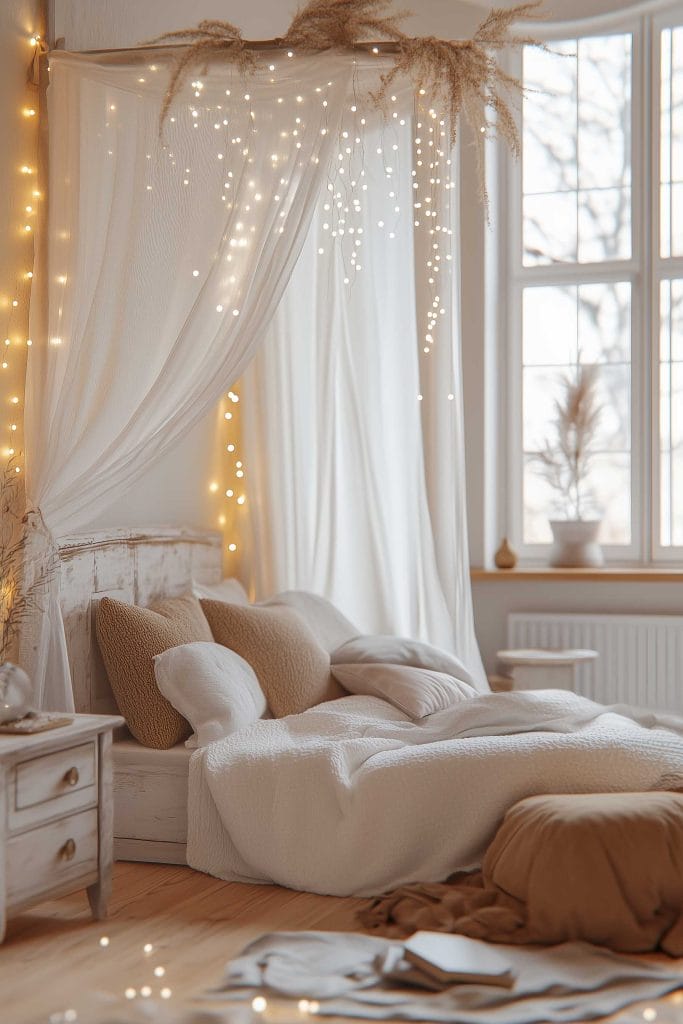 Minimalist bedroom with a simple bed under a window, warm tones, and fairy lights adding coziness.