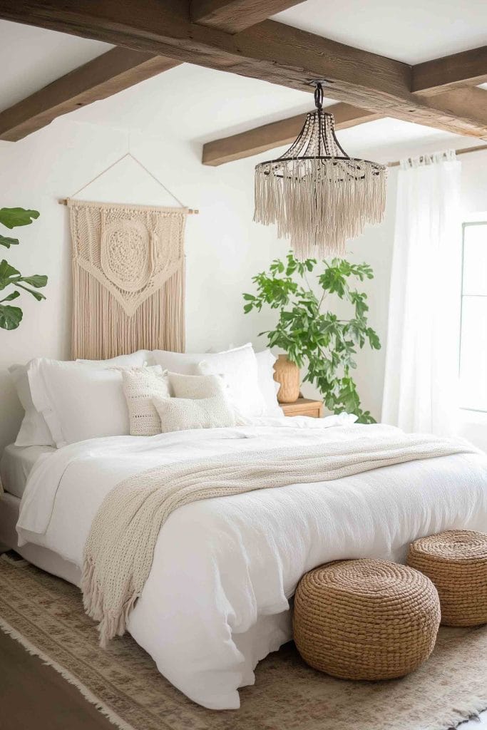 A minimalist room with a wooden bed frame, white bedding, and a large macramé dreamcatcher on the wall, with plants adding a touch of nature.