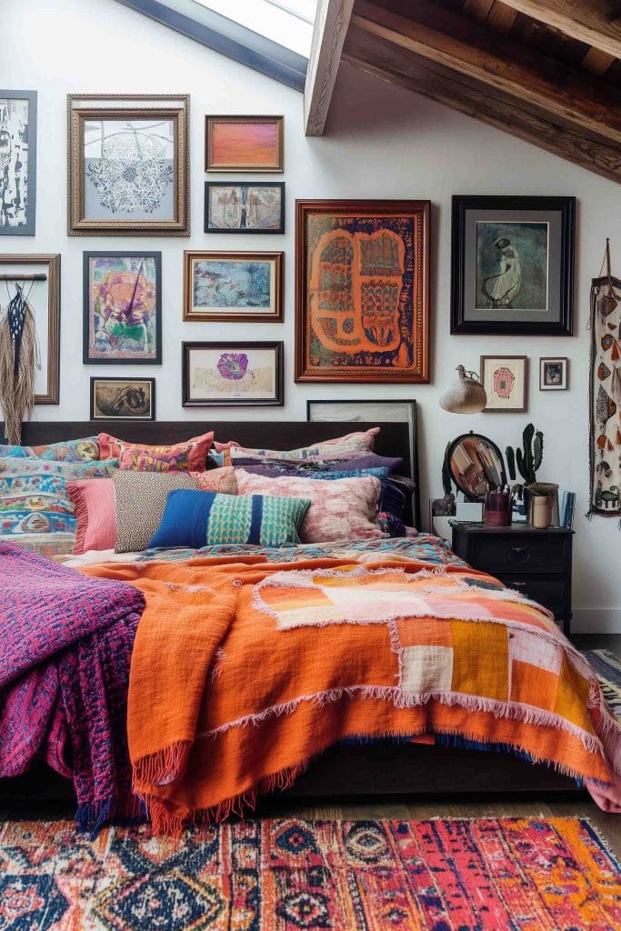 A warm-toned room featuring a carved wooden headboard, terracotta throw blanket, and a hanging plant for a rustic feel.