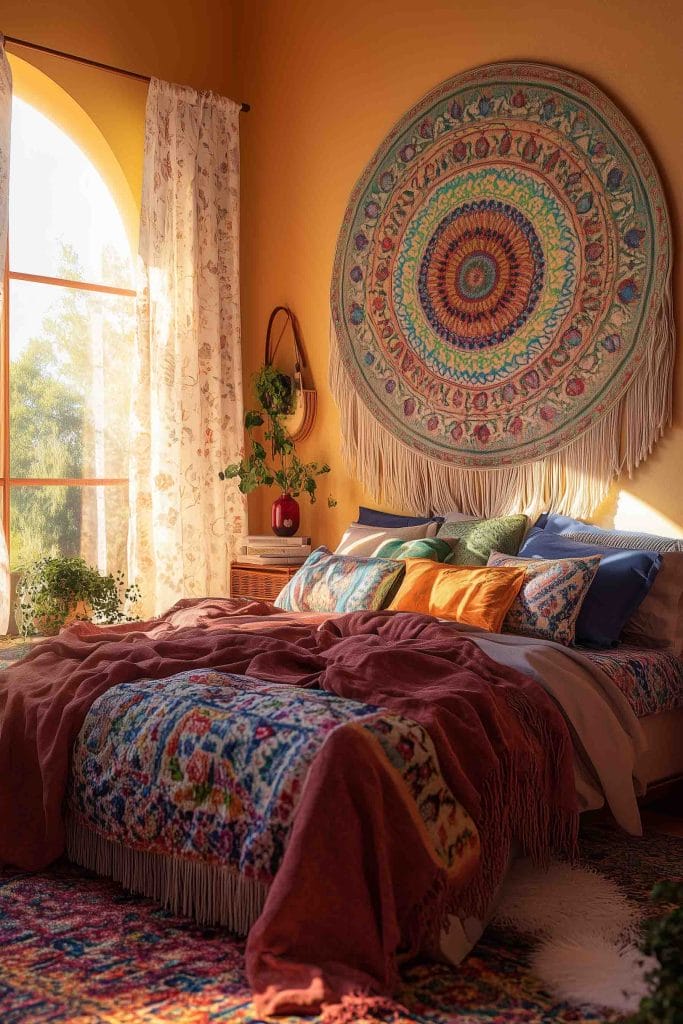 A vibrant room with a skylight, colorful bedding, and a gallery wall filled with various framed art pieces.