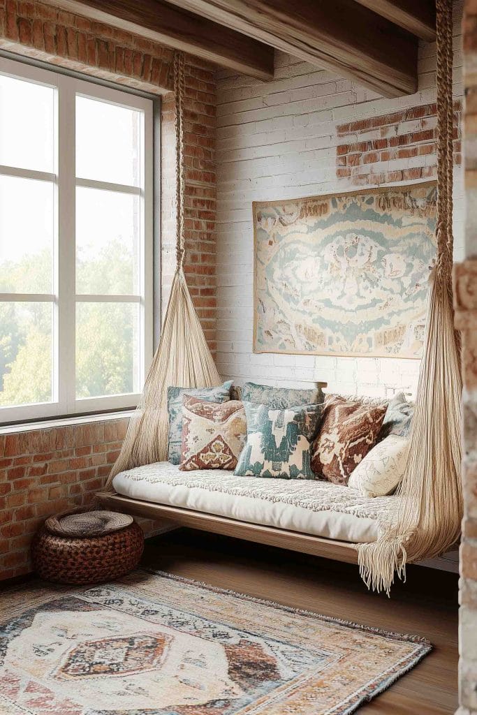 A cozy room with wooden beams, a woven chandelier, and poufs, all in soft neutral tones, illuminated by natural light.