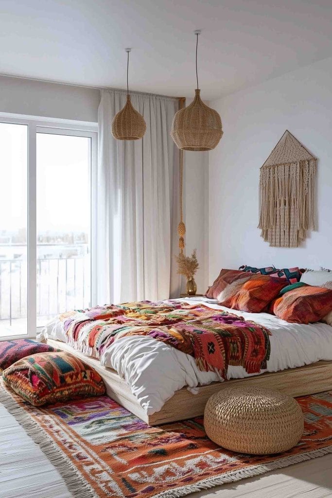 Cozy room with vibrant orange and red bedding, woven rugs, and hanging lights