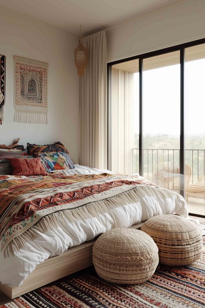 Earth-toned room with large windows, soft bedding, and natural woven accents.