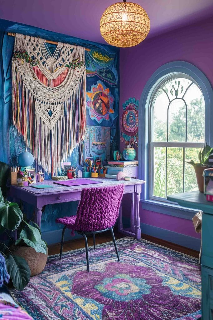 Creative room with vibrant purple furniture, colorful wall art, and a macrame wall hanging.