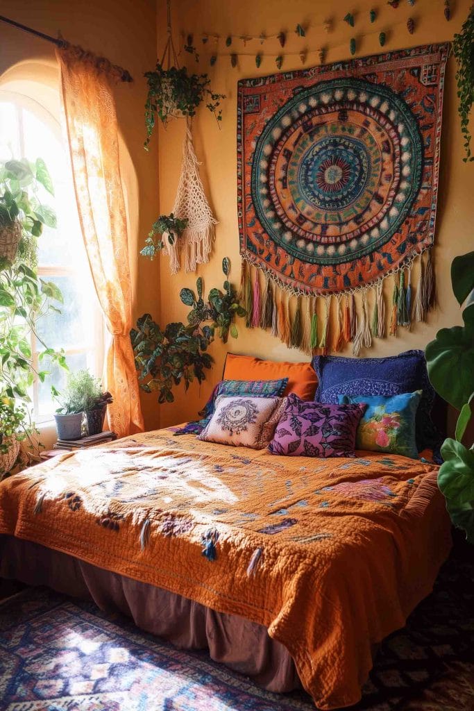 Room with orange and blue bedding, lush greenery, and an earthy tapestry on the wall.