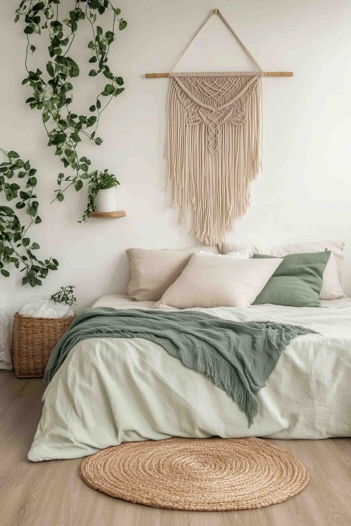 A room with a bed in neutral colors, green pillows, and a macramé wall hanging, decorated with green plants.